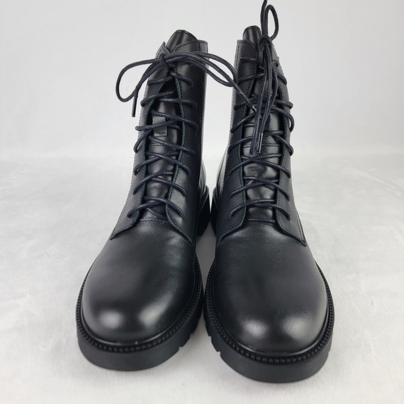 Womens Black Leather Lace Up Combat Boots Side Zip Chunky Sole EU 39 US 7.5 NEW - Picture 2 of 7